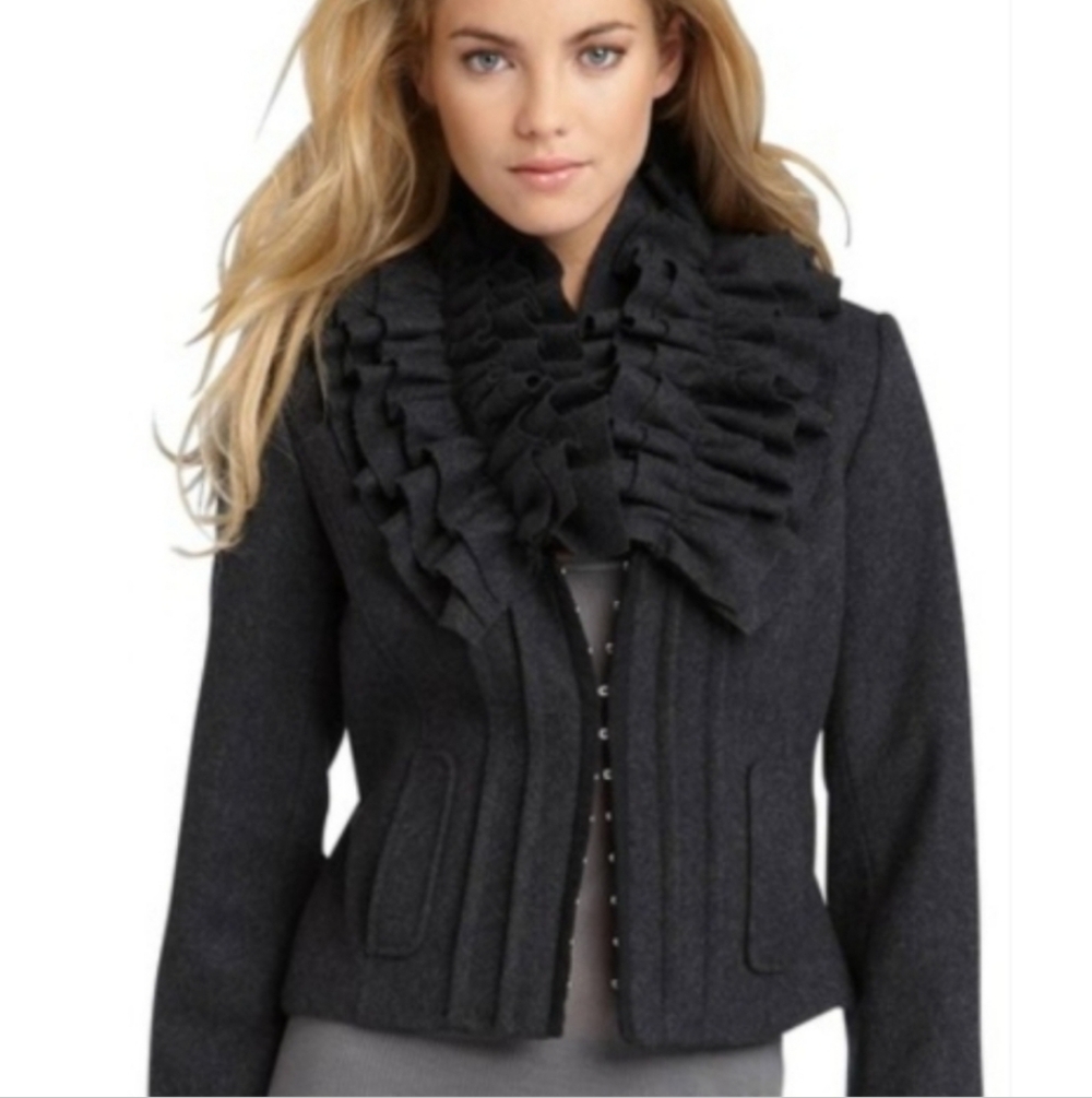Hinge Charcoal Ruffled Women's Wool Blazer, Jacket SMALL